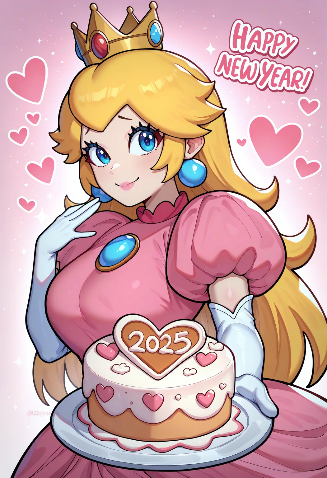 masterpiece, best quality, newest, absurdres, highres, 1girl, <lora:PrincessPeach_NoobAI_Incrs_v1-000012:1>, princess peach, crown, pink dress, earrings, white gloves, puffy sleeves, elbow gloves, puffy short sleeves, blue eyes, long hair, upper body,
solo, happy, slight smile, serving tray, cake, offering to viewer, hearts, happy new year, (2025:1.4), star \(symbol\), 5, english text, huge text, text focus, looking at viewer,