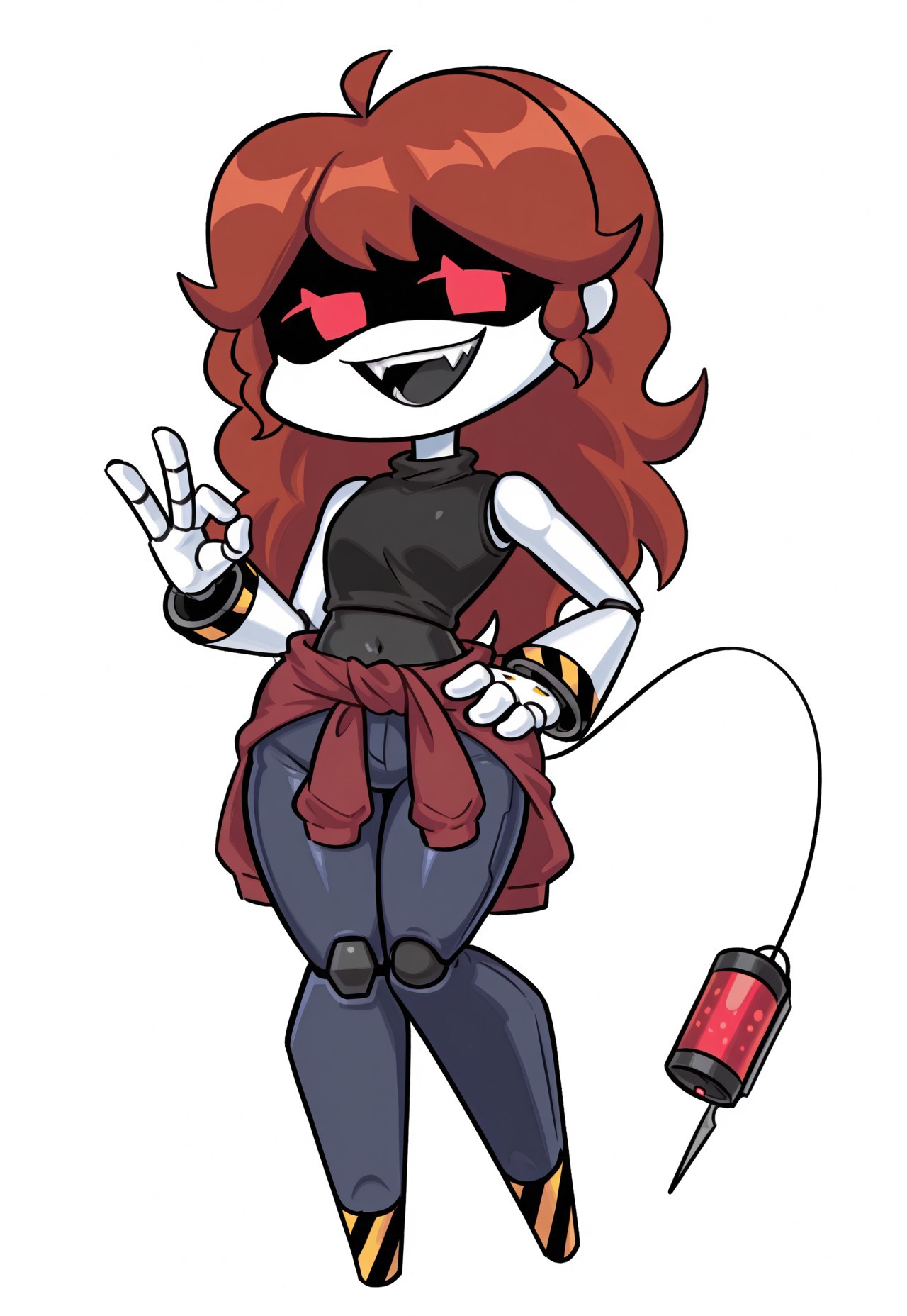 safe_pos, score_9, score_8_up, score_7_up, score_6_up, high quality, absurdres, masterpiece, 4K,
BREAK,
GirlfriendFNF, SD-V, robot girl, humanoid robot, robot joints, 1girl, solo, full body, white skin, four fingers, 4 fingers, yellow details, (earless:1.3), long thick auburn hair, Two short locks of hair, round head, (red eyes:1.3), glowing eyes, virtual led eyes, open smile, teeth, fangs, sexy expression, tail, tail syringe, no feet, flat chest, black sleeveless sweater, burgundy jacket tied around waist, dark jeans, (casual pose, one hand on hip, one peace gesture)