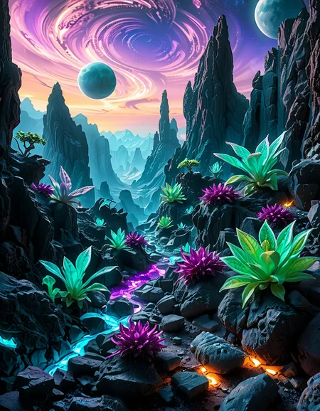A breathtaking, high-resolution photograph of an alien planet with a surreal and otherworldly landscape. The sky is filled with two massive moons, casting an eerie glow over the terrain. Jagged rock formations, covered in bioluminescent moss, stretch across the horizon, glowing in shades of blue and purple. Strange, twisted plants with translucent leaves and pulsating veins grow from the cracked, iridescent soil. In the distance, towering crystalline mountains shimmer under the light of a distant red sun, their peaks enveloped in a misty, ethereal haze. The air is thick with floating luminescent spores, drifting like tiny fireflies. Rivers of liquid metal carve through the landscape, reflecting the vibrant alien sky. The atmosphere is a mix of neon blues, purples, and greens, creating a mesmerizing and futuristic scene, as if taken from the surface of a newly discovered exoplanet.
<lora:SDXLFaeTastic2400:0.4> <lora:extremely_detailed:0.4> extremely detailed,<lora:alien_pl4n3t:1>,alien pl4n3t