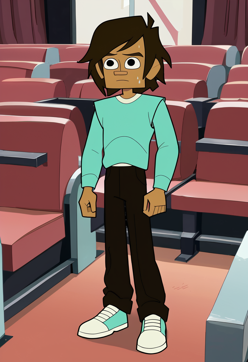 <lora:TwelveForever_Todd_Pony:0.9>, todd \(regular\), full body, sweatdrop, todd, twelve forever, 1boy, solo, short hair, black eyes, movie theater, masterpiece, best quality, score_9, score_8_up, score_7_up