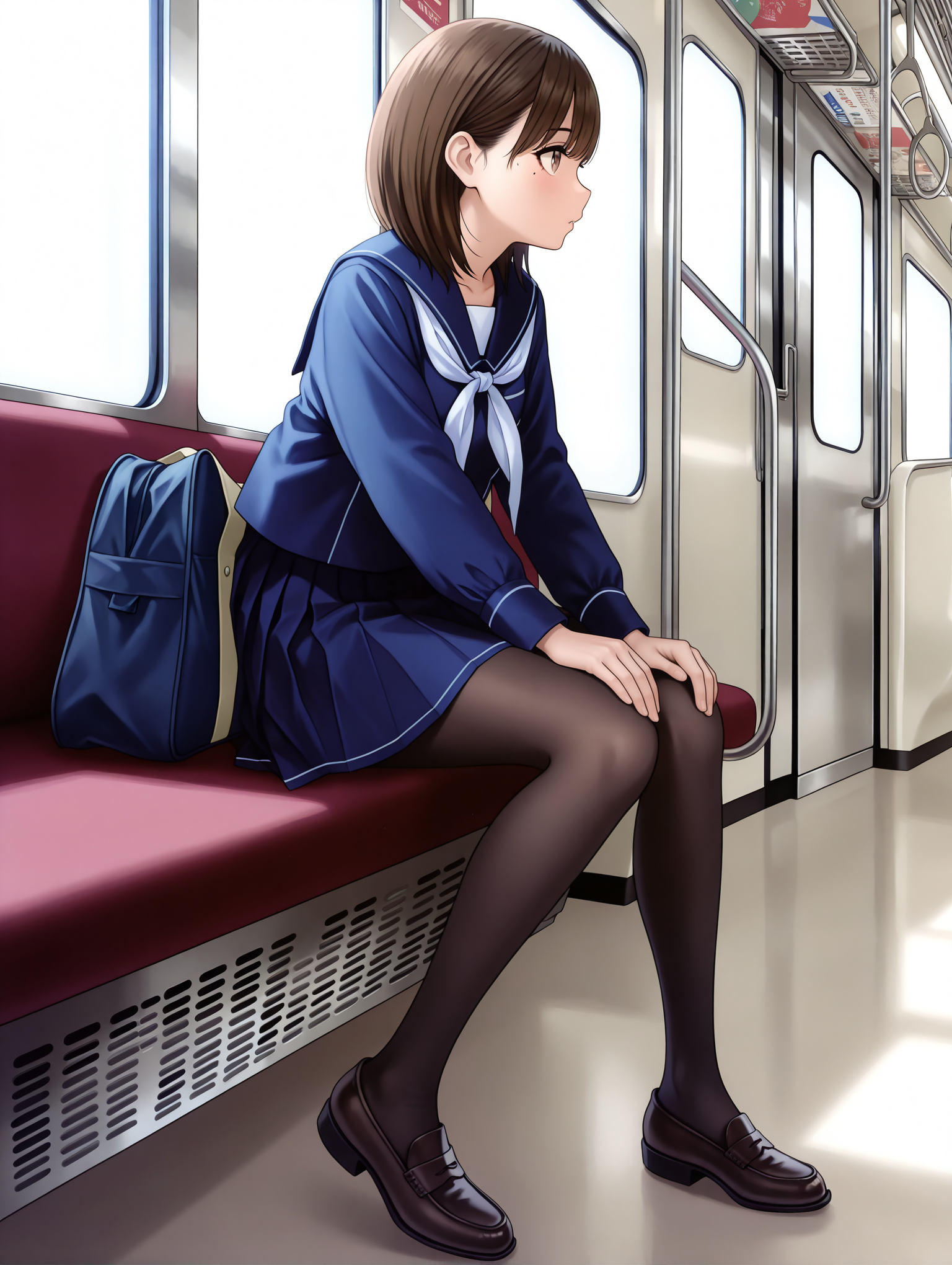 masterpiece,best quality,amazing quality,
1boy,solo,
<lora:anegasaki_nene_ilxl_v1:1>,nene,brown hair,brown eyes,mole_under_eye,n_b_clothes,long_sleeves,blue serafuku,neckerchief,pleated skirt,black_pantyhose,loafers,
<lora:Fixhands_anime_bdsqlsz_V1:1>,simple background,looking ahead,full body,standing,train interior,profile,front view,leaning_to_the_side,sitting,bag,
