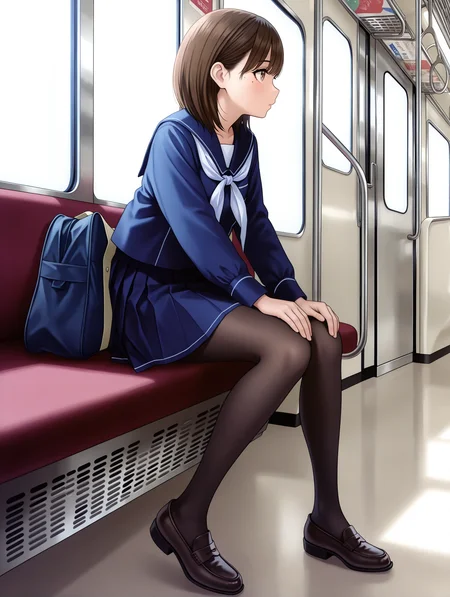 masterpiece,best quality,amazing quality,
1boy,solo,
<lora:anegasaki_nene_ilxl_v1:1>,nene,brown hair,brown eyes,mole_under_eye,n_b_clothes,long_sleeves,blue serafuku,neckerchief,pleated skirt,black_pantyhose,loafers,
<lora:Fixhands_anime_bdsqlsz_V1:1>,simple background,looking ahead,full body,standing,train interior,profile,front view,leaning_to_the_side,sitting,bag,