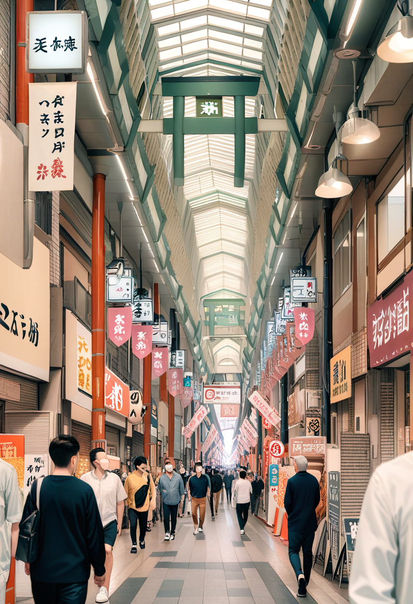 masterpiece, best quality, very aesthetic, absurdres,
tenjinbashisuji, street, scenery, outdoors, 6+boys, real world location, vanishing point, sign, multiple boys, city, road, crowd, 
 <lora:tenjinbashisuji_syotengai_SDXL_V1:1>
