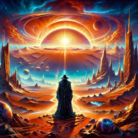 APerson standing on a cold and deserted planet, looking at 2 distant suns in the background, 1980s fantasy style, Masterpiece realistic, best high quality, perfect details, intricate details, nice lighting, detailed background,<lora:1980s_Fantasy_Style_SDXL:1.0>
