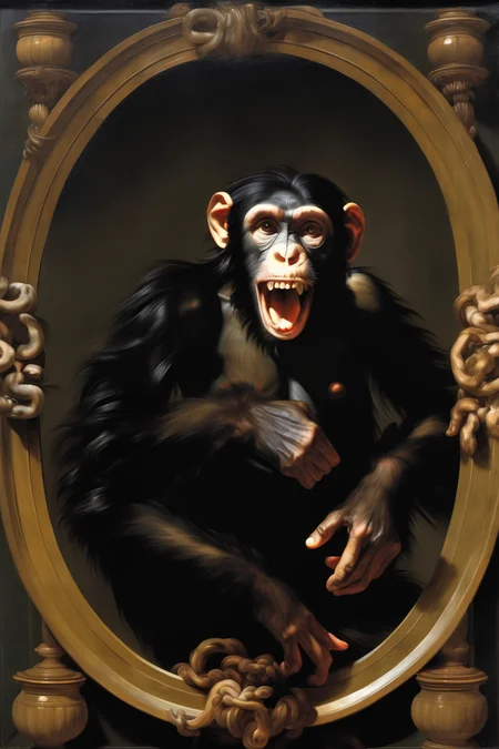 <lora:Willem van Aelst Style:1>Willem van Aelst Style - chimpanzee medusa caravaggio baroque painting with gothic background old masters oil painting