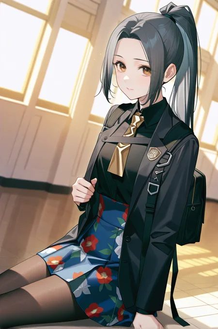 artist:gomzi,artist:wanke,artist:diyokama, rei_(sanbonzakura),[[artist:fuzichoco]],year 2023, 
school hall, solo, 
female protagonist \(caligula 2\), brown eyes, grey hair, forehead, high ponytail,
black shirt, yellow necktie, square-end necktie, black blazer, medal, black bag, backpack,
high-waist skirt, print skirt, blue skirt, floral print, black pantyhose, <lora:tce2_majorcharacters.ilxl:0.8>