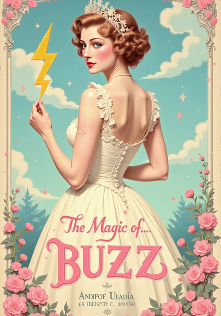 Create an image of a glamorous woman in the style of Alberto Vargas’s pinup paintings from the 1940s. Below her, include text "The Magic of... BUZZ" in a flowing, retro font.
The background should feature a light blue sky with soft, puffy clouds, enhancing the dreamy atmosphere.
Ensure the woman is wearing a wedding dress, ensure the woman's proportions are normal. sensual alluring pose that highlights her curves, embodies an alluring yet playful smile. The view is from behind, with her head turning slightly towards the viewer. with vintage floral or art deco elements subtly woven into the scene. She is holding a simple yellow lightning bolt symbol in her hand.painterly speed-painting, aidmatextimprover, ArsMovieStill, movie still from a pastel-colored 1890s Rococo fantasy opera movie