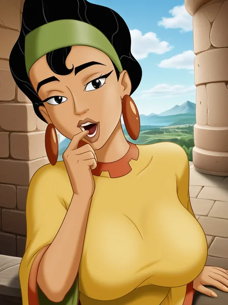 , solo, ultra high quality,ultra high resolution,full body, seductive, very realistic,(extremely detailed), detailed background,,(masterpiece, best quality, high quality, highres, ultra-detailed),<lora:Chicha_The_Emperors_New_Groove pony:0.8> an image of chicha, black hair, high hair, one tuft sticks on her forehead, large round copper earrings, long eyelashes, slim, green hairband, thick lips, black eyes, milf, olive skin, huge breasts upper body focus,ultra high detailed face,high detailed cloth,inside,perfect eyes,perfect face, Yellow dress, High mountain peaks, terraced fields, stone pathways, ancient Incan architecture, llamas grazing, clear blue sky, puffy white clouds,  rugged terrain, small Incan villages, traditional straw-roofed houses, peaceful and serene atmosphere,seductive eyes,resting against a wall,sucking on finger,seductive face,sucking eroticly on finger,dress,finger deep in mouth,open mouth,(finger in mouth:1.2),playful expression,(beckoning:1.2),( reaching towards viewer:1.2),high detailed hands,perfect mouth,one arm extended,perfect teeth,both hands,perfect fingernails, french tip fingernails,