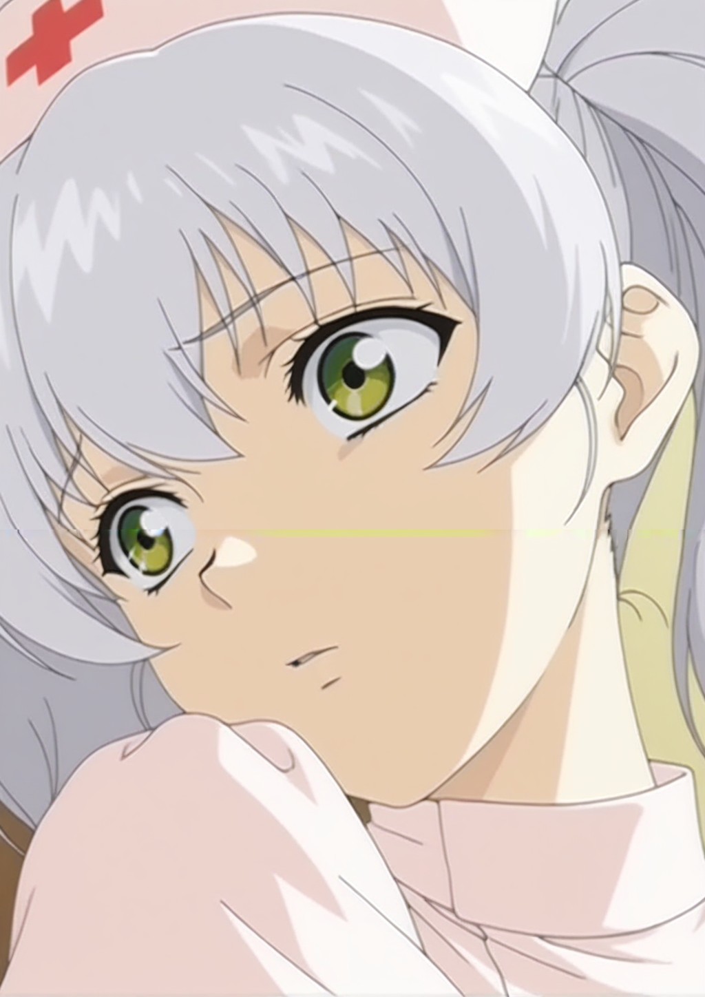 masterpiece,best quality,amazing quality,<lora:Nogami_Illustrious_from_Night_Shift_Nurse:1>,nogami,solo,1girl,yellow eyes,grey hair,puffy sleeves,meme,close-up,green eyes,twintails,nursecap,anime screencap,anime coloring,