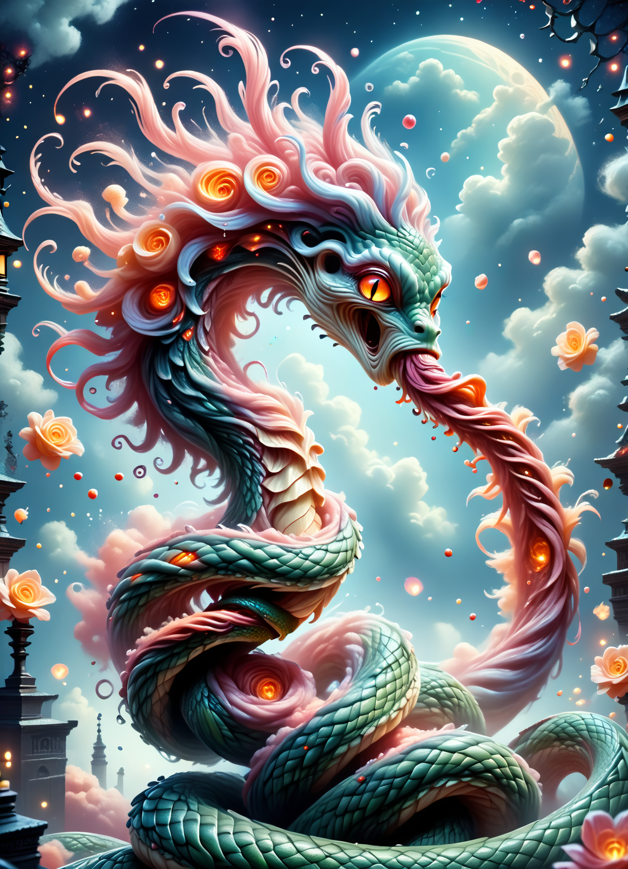 DonM3l3m3nt4lXL,  score_9, score_8_up, score_7_up, score_6_up, piuchen, Shape-shifting creature from Chilote mythology,  serpent-like being, sucking the blood,  night, shrouded in mystery , subdued geothermal blood, rating_safe <lora:DonM3l3m3nt4lXL-pony:0.8>