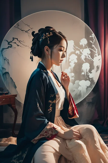 Double Exposure Style, Volumetric Lighting, a girl with Velvet blazer,legs apart,Traditional Attire,Artistic Calligraphy and Ink,, light depth, dramatic atmospheric lighting, Volumetric Lighting, double image ghost effect, image combination, double exposure style