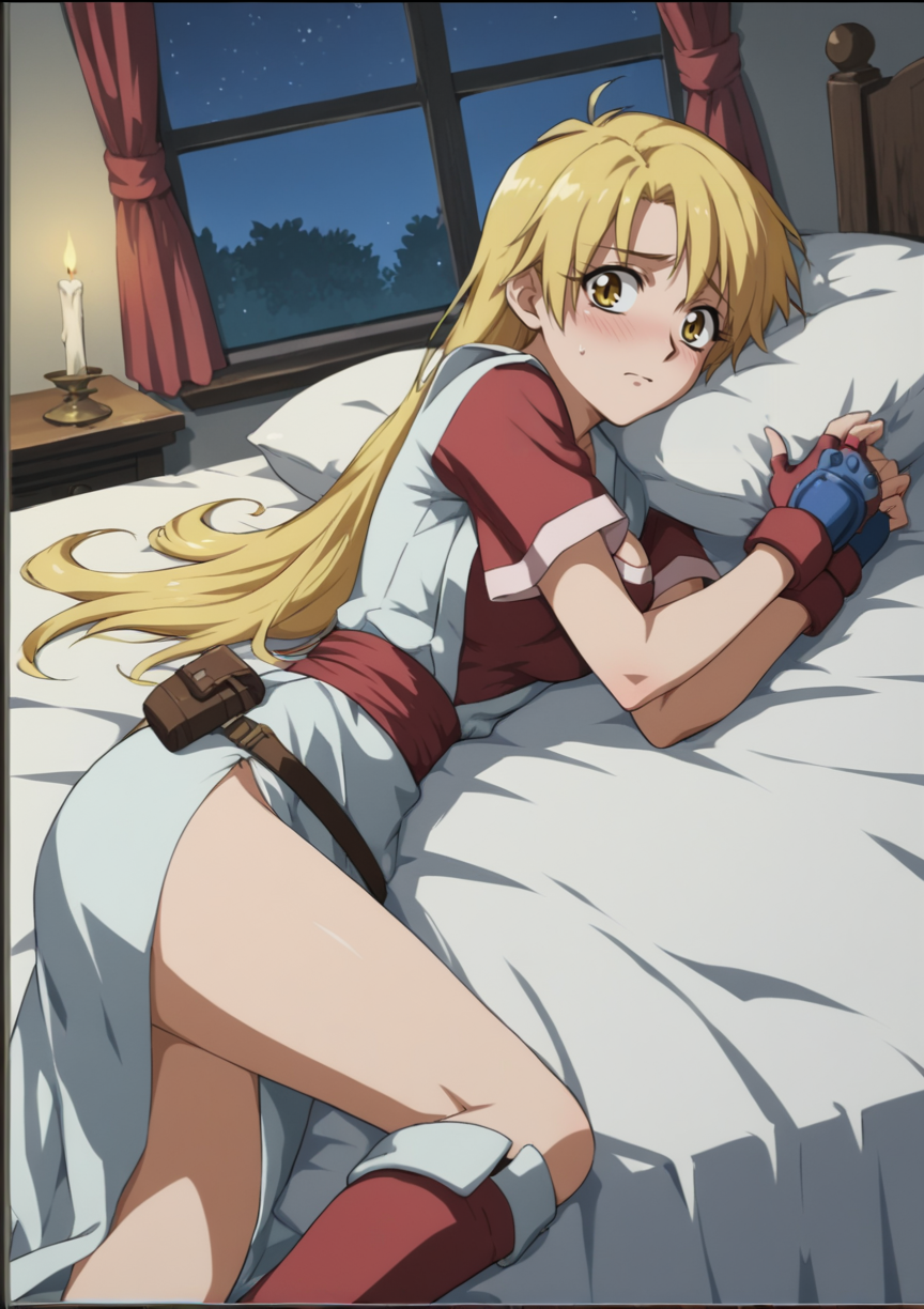 1girl, long hair, blonde hair, yellow eyes, cleavage, short sleeves, fingerless gloves, long dress, side slit, belt, holster,boots, cowboy shot, laying, on bed, from side, hand on hair, blushing, nervous mile, inn, night, window, candlelight <lora:Tendo_Rushuna:0.8>, score_9, score_8_up, score_7_up, score_6_up, score_5_up, score_4_up, BREAK source_anime, masterpiece
