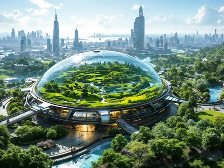 A ring—shaped space station with artificial meadows, rivers and cities under a glass dome inside.