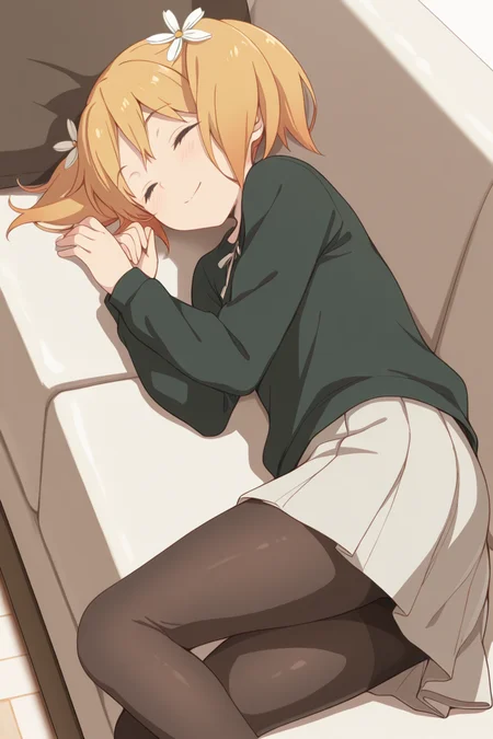 masterpiece, best quality, amazing quality,
<lora:Yuu_IL:1> yuu, 1girl, solo, hair flower, hair ornament, flower, pantyhose, closed eyes, blonde hair, couch, smile, twintails, lying, skirt, sleeping, on side
