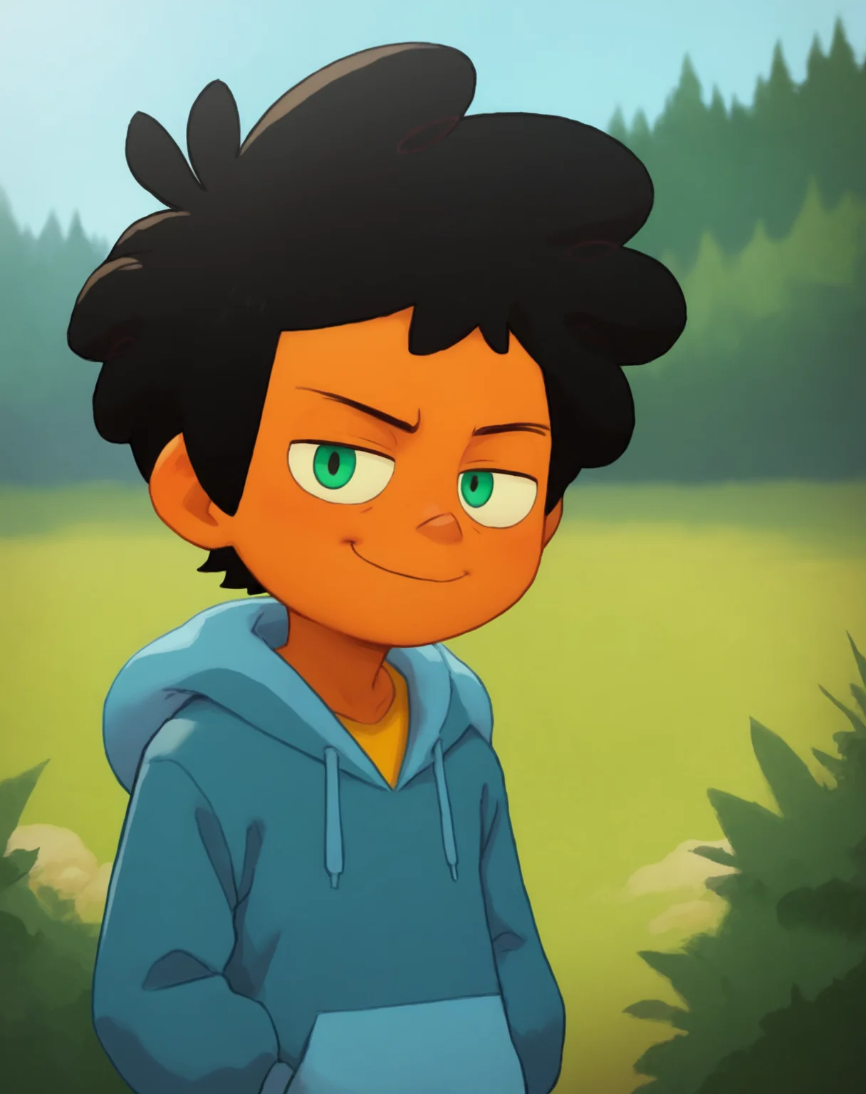 score_9, score_8_up, score_7_up, <lora:MaxCamp:0.8>, 1boy, solo, Max, black hair, green eyes, dark skin, blue hoodie, yellow undershirt, outdoors, smug, looking at viewer, <lora:bludwing_style:0.8> bludwing style,
