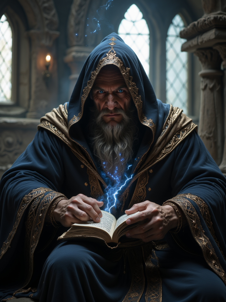 Sihirbaz, a dark old wizard who is up to no good. He sits in an old run-down castle and wants revenge on the world. He opens his book and starts to cast the spell. He seems evil.