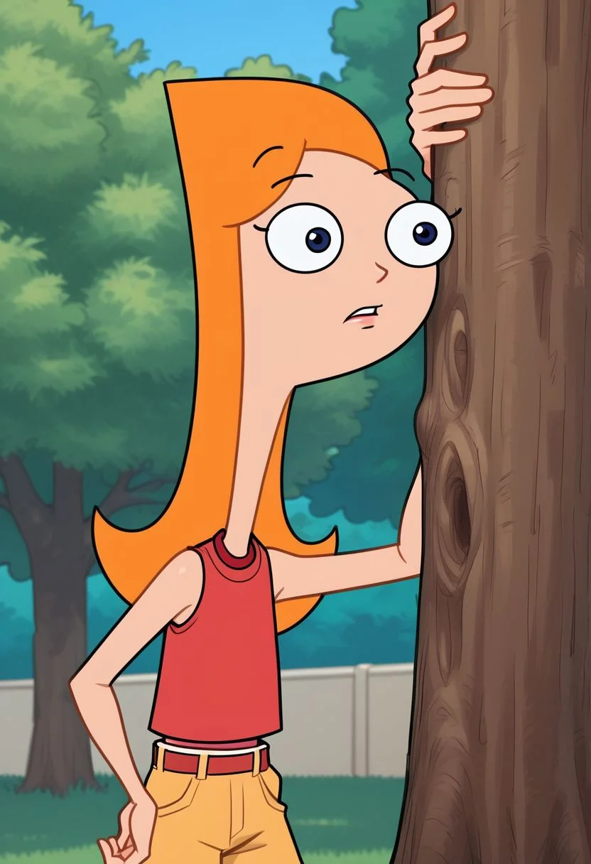 score_9, score_8, score_7, score_6, rating_questionable, Candace, 1girl, cartoon, orange hair, tan shorts, red shirt, in a park, hiding behind a tree, sneaky