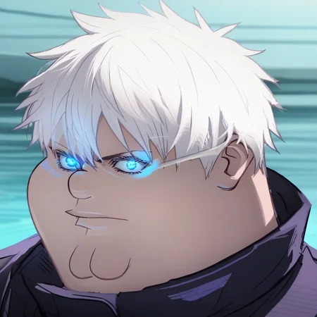 score_9_up, BREAK, 1boy, solo, Peter Griffin, white hair, short hair, blue eyes, glowing eyes, jacket, black jacket, gojou satoru, <lora:PeterGriffin_iamkowai_PXL_Leaf2:1> , <lora:GojoXLv5:1>, anime screencap, close-up,