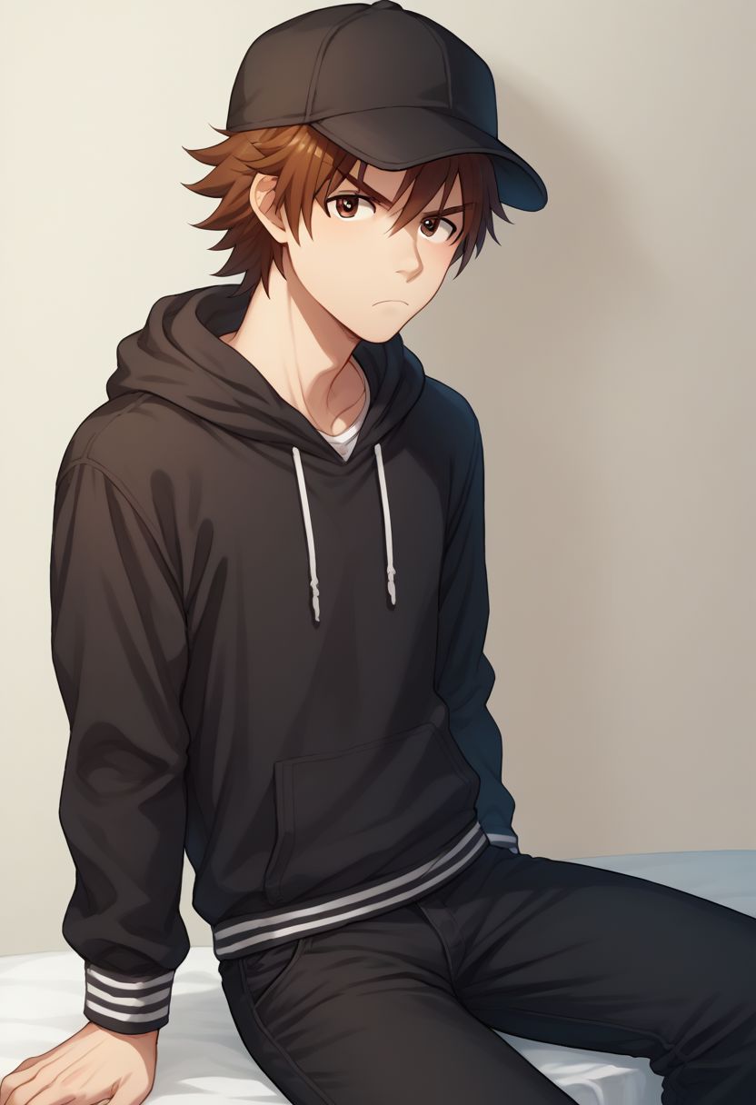score_9, score_8_up, score_7_up, source_anime, highly detailed, 
touma, 1boy, male focus, brown hair brown eyes, solo, hat, baseball cap, black hat, hoodie, black hoodie, pants, black pants, frown, skinny, slender
outdoor, sit,