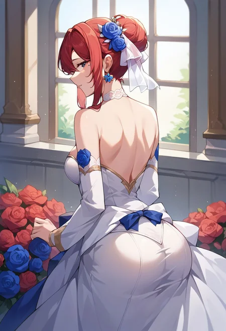 score_9, score_8_up, score_7_up, source_anime, wedding dress, ass, red hair, mole, :d, bow, detached sleeves, hair ribbon, red flower, blue flower, indoors