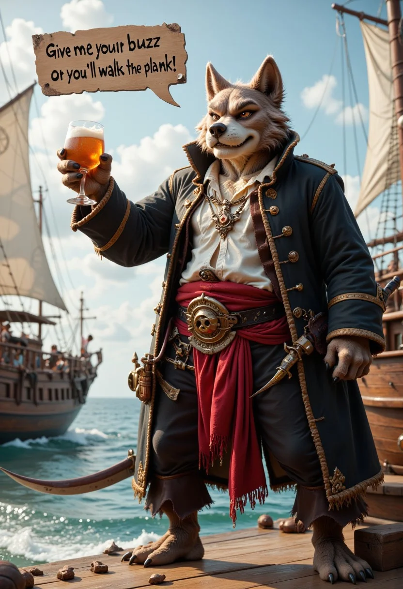 (((Barefoot furry character, full body, cinematic setting, furry male, plantigrade, correct anatomy, sabre drawn, fierce gaze))). (((A text bubble that says "Give me your buzz or you'll walk the plank"))), a speech bubble above his head says "Give me your buzz or you'll walk the plank". 
Sailing in in my pirate ship around the seven seas
I get a funny feeling from my head down to my knees
The feeling goes no further 'cause my legs are made of wood
I see a giant disco ball, I know this will be good
Out of the icy mist, an island appears
It's shaped like a skull but it stinks like a beer
I drop the anchor down and take a swig of rum
It's time to have some fun
To the east (hey!) To the west (hey!)
It is time for a quest
Get ready to drink 'til we die
To the north (hey!) To the south (hey!)
Pour that rum in your mouth
Raise a glass to the sky
Get ready for a P-A-R-T-Y
Pirate P-A-R-T-Y
P-A-R-T-Y
It's pirate party time
P-A-R-T-Y
Pirate P-A-R-T-Y
P-A-R-T-Y
It's pirate party time
BREAK, intricate details, highly detailed, extreme detail, octane render, fine art, best quality, highres, (detailed face:1.5), ((full_body)), UHD, (((perfect hands)))