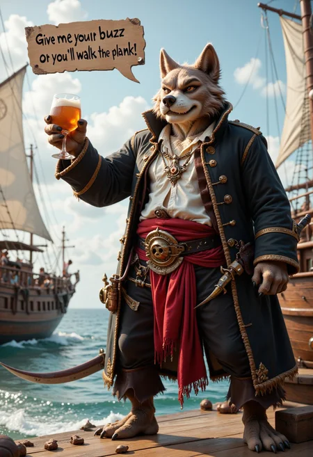 (((Barefoot furry character, full body, cinematic setting, furry male, plantigrade, correct anatomy, sabre drawn, fierce gaze))). (((A text bubble that says "Give me your buzz or you'll walk the plank"))), a speech bubble above his head says "Give me your buzz or you'll walk the plank". 
Sailing in in my pirate ship around the seven seas
I get a funny feeling from my head down to my knees
The feeling goes no further 'cause my legs are made of wood
I see a giant disco ball, I know this will be good
Out of the icy mist, an island appears
It's shaped like a skull but it stinks like a beer
I drop the anchor down and take a swig of rum
It's time to have some fun
To the east (hey!) To the west (hey!)
It is time for a quest
Get ready to drink 'til we die
To the north (hey!) To the south (hey!)
Pour that rum in your mouth
Raise a glass to the sky
Get ready for a P-A-R-T-Y
Pirate P-A-R-T-Y
P-A-R-T-Y
It's pirate party time
P-A-R-T-Y
Pirate P-A-R-T-Y
P-A-R-T-Y
It's pirate party time
BREAK, intricate details, highly detailed, extreme detail, octane render, fine art, best quality, highres, (detailed face:1.5), ((full_body)), UHD, (((perfect hands)))