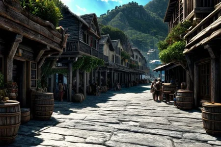 (masterpiece:1.2), (best quality,:1.2), 8k, HDR, ultra detailed, ((photorealistic)), perfect anatomy, professional light, cinematic lighting, fashion photography, ambient lighting, pire, ships, pier, outside a tavern over looking a busy harbor in the caribbean, noon