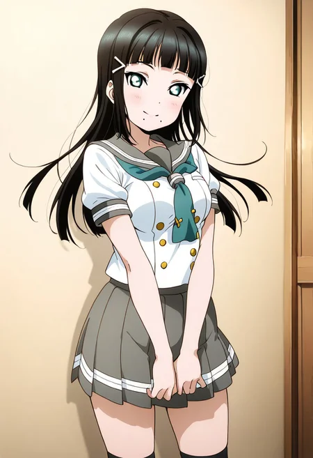 masterpiece, best quality, solo, 1girl, happy,
dia_kurosawa, long hair, bangs, black hair, hair ornament, green eyes, sidelocks, hairclip, blunt bangs, mole, mole under mouth, medium breasts, tsurime, skirt, short sleeves, pleated skirt, serafuku, socks, neckerchief, kneehighs, black socks, green neckerchief, grey skirt, uranohoshi school uniform, standing