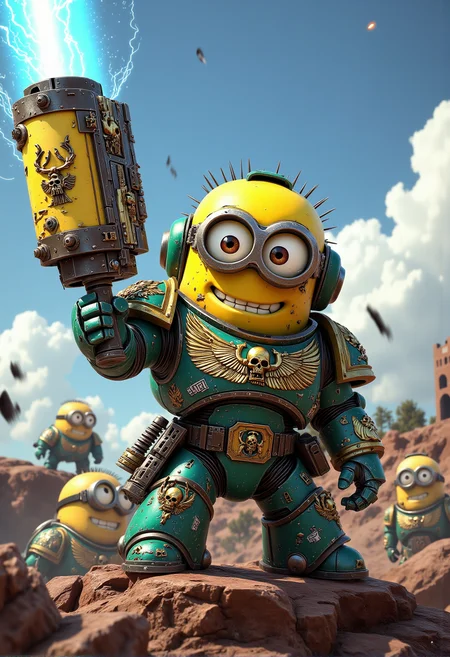 space marine. A short Minion dressed in ceremonial armor with a polished shine, covered in intricate Minion symbols and cartoonish purity seals. The Minion is without a helmet (no helmet:2.0), showcasing their iconic Minion goggles, expressive eyes, and wide smile. The Minion is wielding a power hammer humorously shaped like a giant banana, crackling with blue energy. The Minion is depicted in a scene such as: posing heroically on a ridge, a bolt pistol raised in one hand, while other Minions cheer behind them, one accidentally dropping their ammo belt. The Minion's expression is comically angry, furrowed brows and a smirk. The scene should be depicted in a colorful but gritty Warhammer 40k style, with bright yellows and blues to emphasize the Minionsâ classic color scheme. The armor and weapons are detailed with ornate designs, but humor is maintained through Minion-themed accessories and comical touches. Witty details include: another Minion fumbling with a banana ammo box, looking overly focused. Background elements should resemble classic Warhammer 40k settings but with a humorous Minion twist, such as: a war zone with banana crates mixed among the supply crates, Minions occasionally peeking out. , <lora:sm2.safetensors:1.0:1.0>