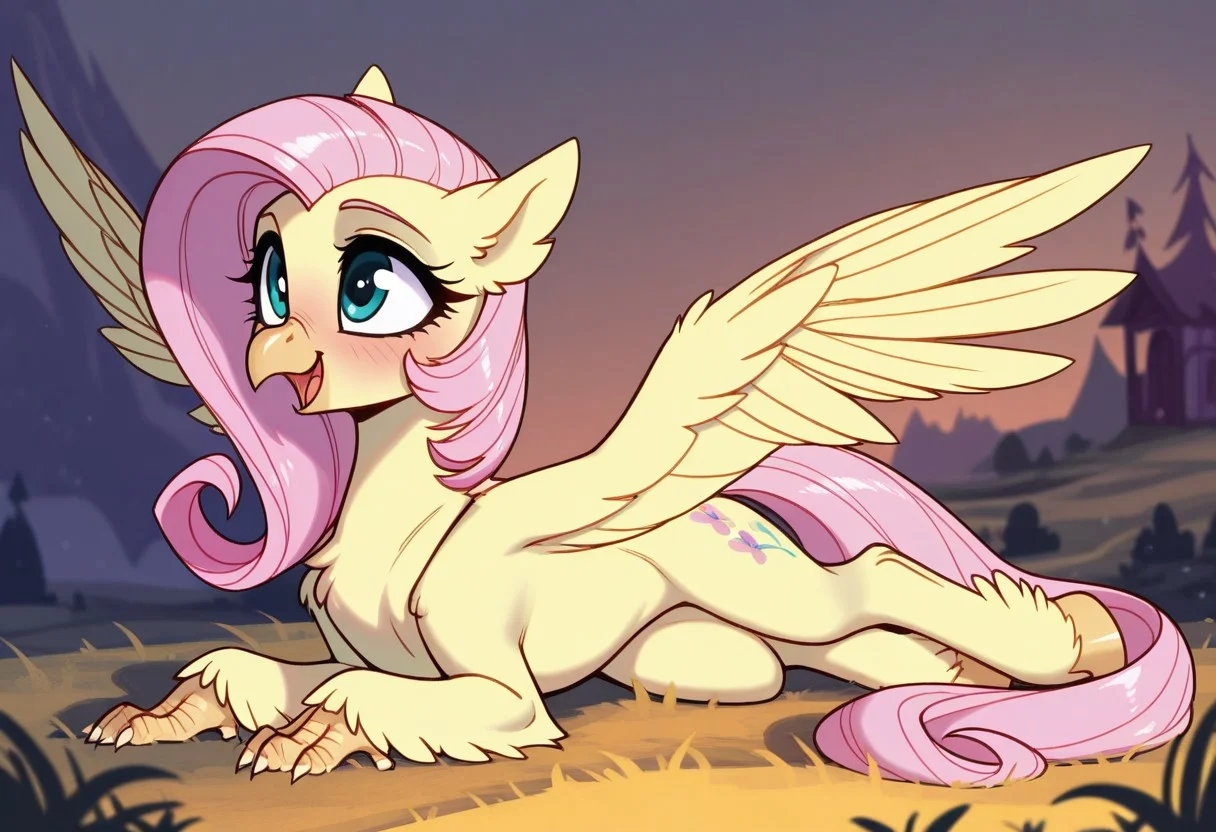 masterpiece, best quality, very aesthetic <lora:MLP-Hippogriff_Illustrious:0.7> hippogriff, classical hippogriff, wings, feral, my little pony, beak, claws, hooves, Fluttershy, in ponyville, spread wings, hot,solo,cute,