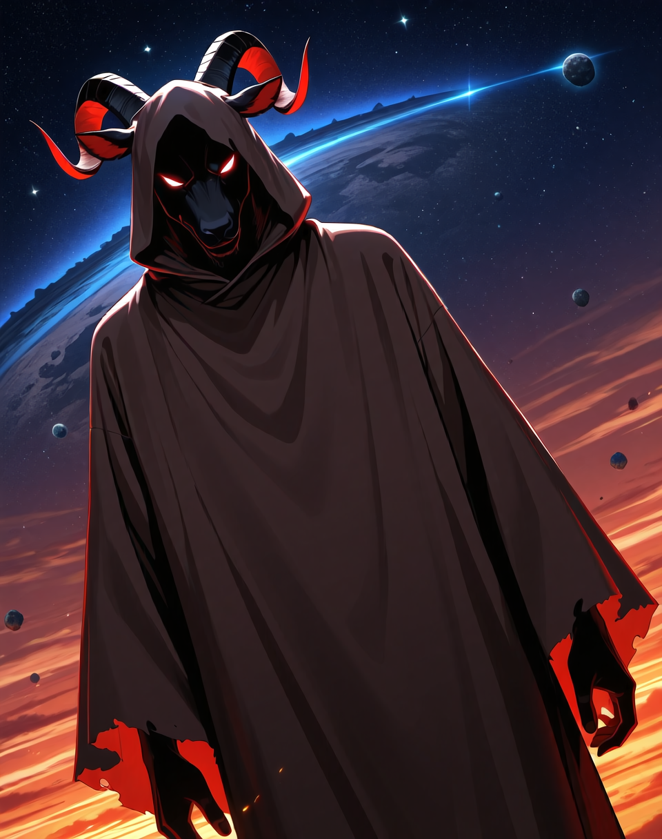 <lora:Moro_Hooded_Form_(Dragonball_Z)_(Illustrious)_(AD):1.35> Moro, hooded cloak, goat, 
((
dutch angle, exterior, outer space, asteroid field, 
male focus, gradient coloring, solo, cowboy shot, soft shading, old, aged up, dark picture, tattered brown cloak, evil villain, 
)), 
BREAK very awe, aesthetically pleasing, masterpiece, best quality, amazing quality, very aesthetic, perfect depth of field shot, in'ei, furry_art, source_furry, source_anime,
EZRealPONYXL, zPDXL, Smooth Quality, lazympos, IllustQualXL_Pos,