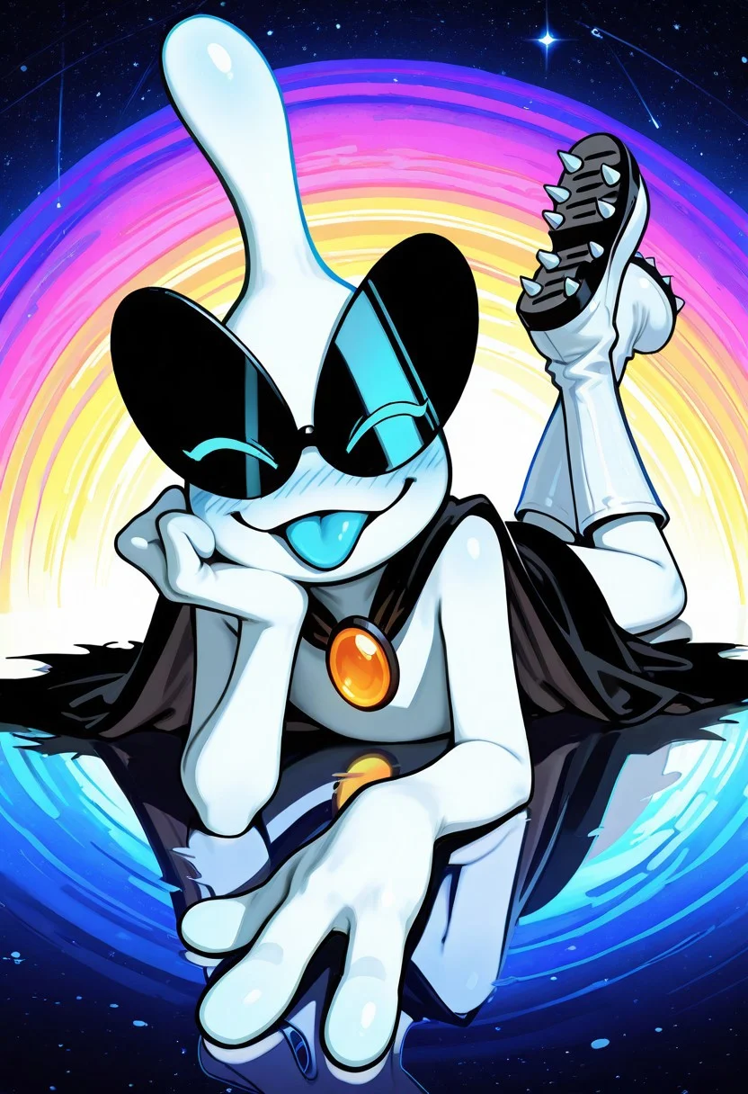 masterpiece, ultra detailed, amazing quality, absurdres, very aesthetic, solo, male focus, 1boy,
orbulon_WW, white skin, alien, 3 fingers, fewer digits, sunglasses, eyes visible through eyewear, closed eyes, looking at viewer, blue eyes, knee boots, white footwear, spiked footwear, brooch, black cape, torn cape, smile, :p, tongue out, blue tongue, slim, full body, (lying:1.1), on stomach, the pose, legs up, arm support, head rest, shoe soles, blush, blue blush, from front,
BREAK
detailed shading, shadow, on ground, WaiIL25PosC, g0th1c, glowing, backlighting, reflection, psychedelic background, galaxy,