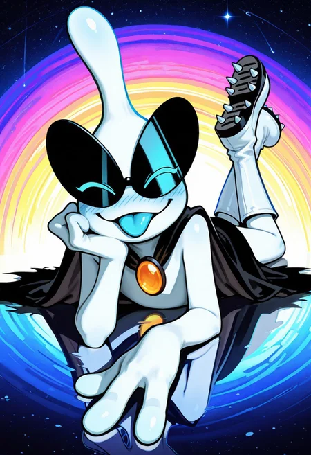 masterpiece, ultra detailed, amazing quality, absurdres, very aesthetic, solo, male focus, 1boy, 
orbulon_WW, white skin, alien, 3 fingers, fewer digits, sunglasses, eyes visible through eyewear, closed eyes, looking at viewer, blue eyes, knee boots, white footwear, spiked footwear, brooch, black cape, torn cape, smile, :p, tongue out, blue tongue, slim, full body, (lying:1.1), on stomach, the pose, legs up, arm support, head rest, shoe soles, blush, blue blush, from front, 
BREAK 
detailed shading, shadow, on ground, WaiIL25PosC, g0th1c, glowing, backlighting, reflection, psychedelic background, galaxy,