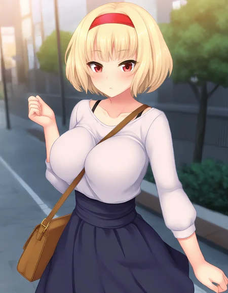 masterpiece, best quality, amazing quality, ultra detail, good anatomy, good hand,
BREAK 1girl, posing, casual, in city, <lora:pai-sura-illustrious:0.7> pai-sura, breasts emphasis, slant bag, bag strap passing between breasts,
BREAK <lora:Lucia Of End Nora to Oujo to Noraneko Heart (HARUKAZE)-Illustrious:0.8> Lucia Of End, blond hair, short hair, red eyes, hairband,