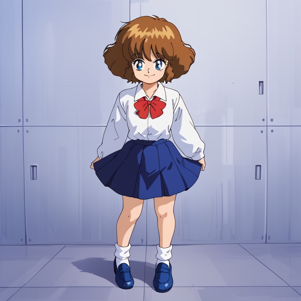 retro artstyle, 1980s (style), 1girl, solo, Narisu, blue eyes, brown hair, short hair, bangs, school uniform, bow, red bow, long sleeves, shirt, white shirt, skirt, blue skirt, socks, white socks, shoes, blue shoes, smile, full body, standing, school, front view