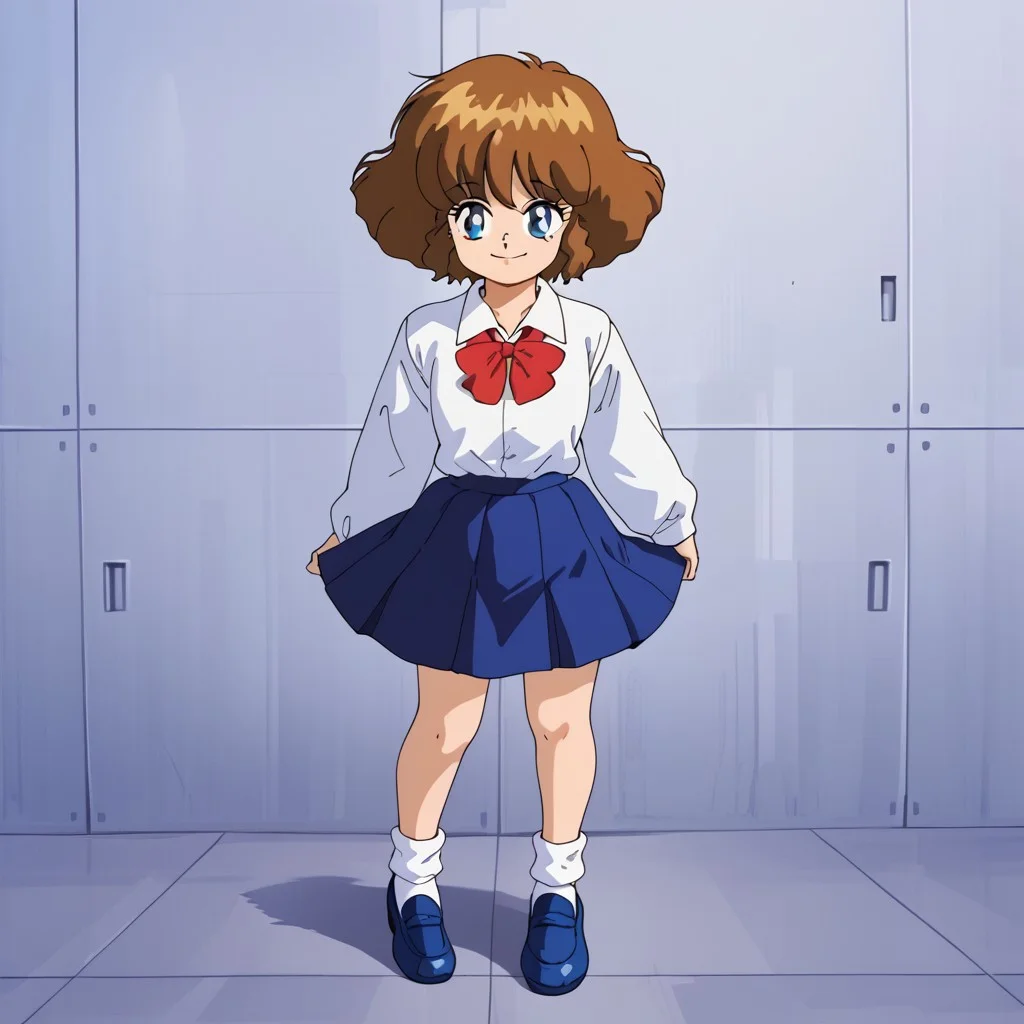 retro artstyle, 1980s (style), 1girl, solo, Narisu, blue eyes, brown hair, short hair, bangs, school uniform, bow, red bow, long sleeves, shirt, white shirt, skirt, blue skirt, socks, white socks, shoes, blue shoes, smile, full body, standing, school, front view