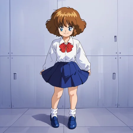 retro artstyle, 1980s (style), 1girl, solo, Narisu, blue eyes, brown hair, short hair, bangs, school uniform, bow, red bow, long sleeves, shirt, white shirt, skirt, blue skirt, socks, white socks, shoes, blue shoes, smile, full body, standing, school, front view