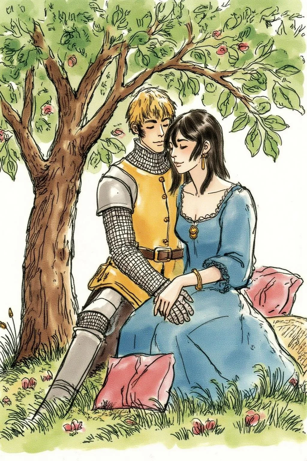 hugop1 illustration. A blonde knight and a lady sitting under a tree. The lady has dark hair and is wearing a blue dress. The knight is sleeping with his head on the leg of the lady <lora:hugop1_cap_d6a3e12:0.9><lora:824408797972817614:0>
