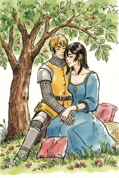hugop1 illustration. A blonde knight and a lady sitting under a tree. The lady has dark hair and is wearing a blue dress. The knight is sleeping with his head on the leg of the lady <lora:hugop1_cap_d6a3e12:0.9><lora:824408797972817614:0>