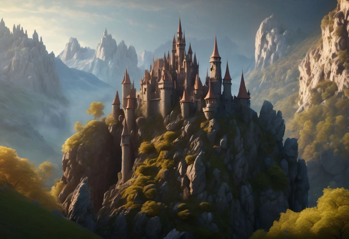 8K, fairy tale castle in a (rock spire), mountain on background