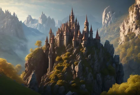 8K, fairy tale castle in a (rock spire), mountain on background