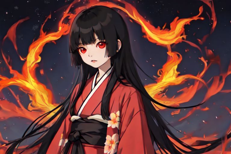 enma_ai, girl1, bangs, black hair, long hair, kimono sakura, fire hell, night
