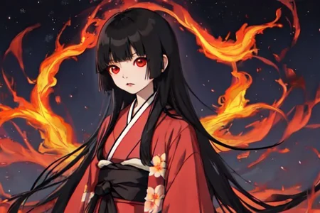 enma_ai, girl1, bangs, black hair, long hair, kimono sakura, fire hell, night