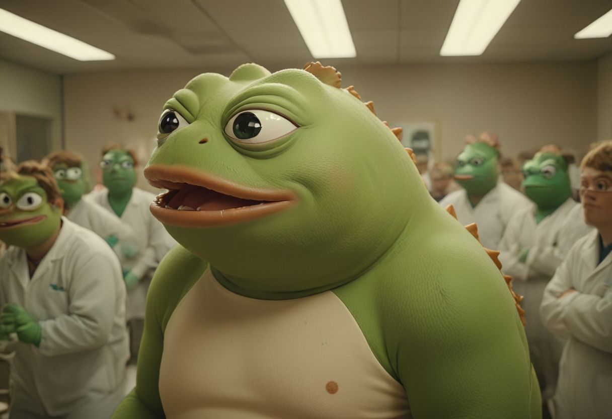 cinematic, a pepe_frog chonkasaurus, (10chonkasaurus crowd), desaturised colours, in a sterile room, <lora:chonkasaurus-000003:1>