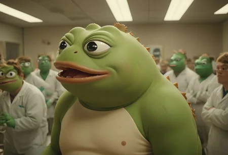 cinematic, a pepe_frog chonkasaurus, (10chonkasaurus crowd), desaturised colours, in a sterile room, <lora:chonkasaurus-000003:1>