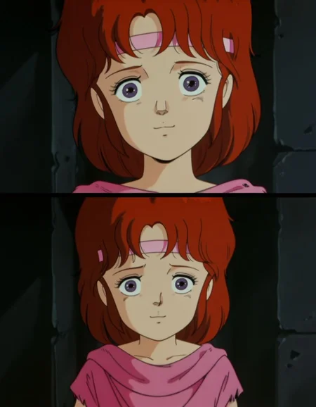 masterpiece, best quality, upper body, shy, light smile, standing, face close-up,
<lora:Lin:1>, L1n, red hair, headband, purple eyes, female child, retro artstyle, torn clothes, shirt, knee boots, retro artstyle, anime coloring,