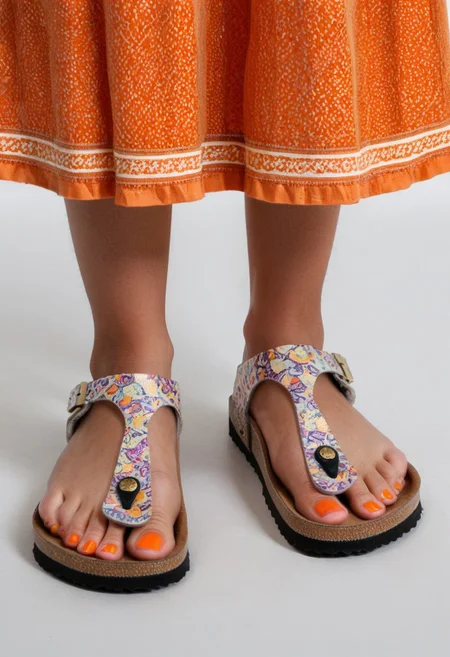 photograph of woman's feet wearing sandals, 1girl, solo, dynamic_pose, simple_background, white_background, gizehonfeet, (orange toenail_polish), (close-up:0.5), lower_body, footwear_focus, patterned long_skirt