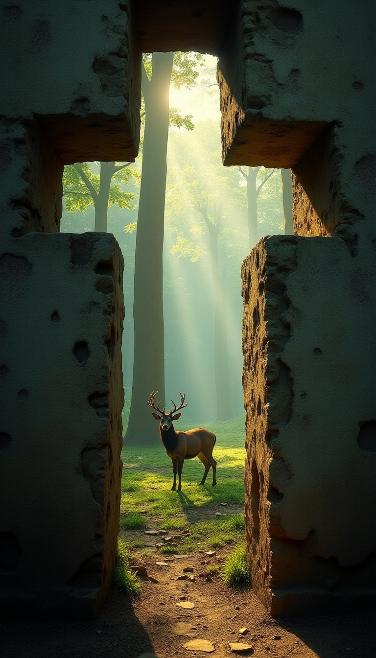 A view through a narrow aged natural crack in a wall shape resembling a vague cross, revealing a serene, holy place behind it. The space is bathed in soft, ethereal light, creating a divine and peaceful atmosphere. Beyond the crack, a lush forest is visible, filled with towering trees and a majestic, large deer standing calmly among the foliage. The light filters through the trees, casting a gentle, heavenly glow over the scene. The composition contrasts the rough, weathered texture of the wall with the tranquil, almost magical quality of the forest, enhancing the sense of a sacred and untouched realm hidden