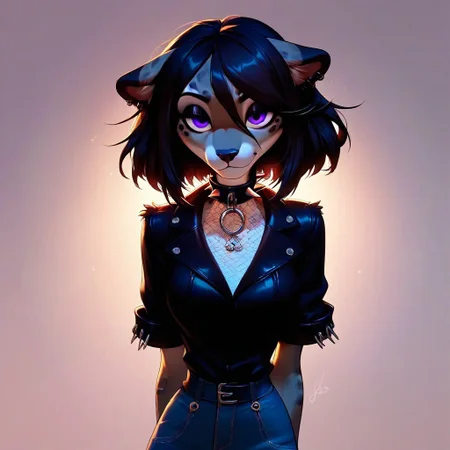 digital_media_(artwork) hi_res, score_9, score_8_up, score_7_up, score_6_up, score_5_up, score_4_up, rating_safe, beautiful, intricate, high quality details, highly detailed, amazing quality, anthro, furry, no humans, furry female, detailed textured fur, fur tufts, fluffy, cute, cute face, small, detailed sexy eyes, solo, SFW, leopard, expressive, sassy, multicolored hair, streaked hair, absurdres, highres, shirt, denim pants, leather jacket, spiked collar, clothed slim, clothed slender, clothed skinny, goth, heavy eyeliner, heavy eye shadow, breasts, vivid colors,