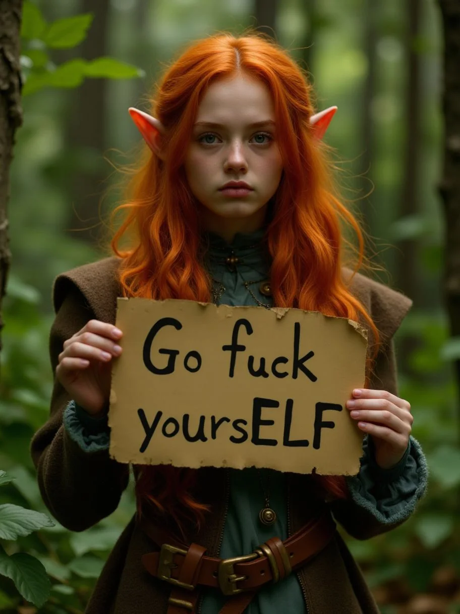 A portrait of a elf holding a sign, with "Go fuck yoursELF" written on it, in the forest, long red hair, elf ears, bit grumpy,  <lora:Copax_Realistic_Dreamlight_fp8:0.8>